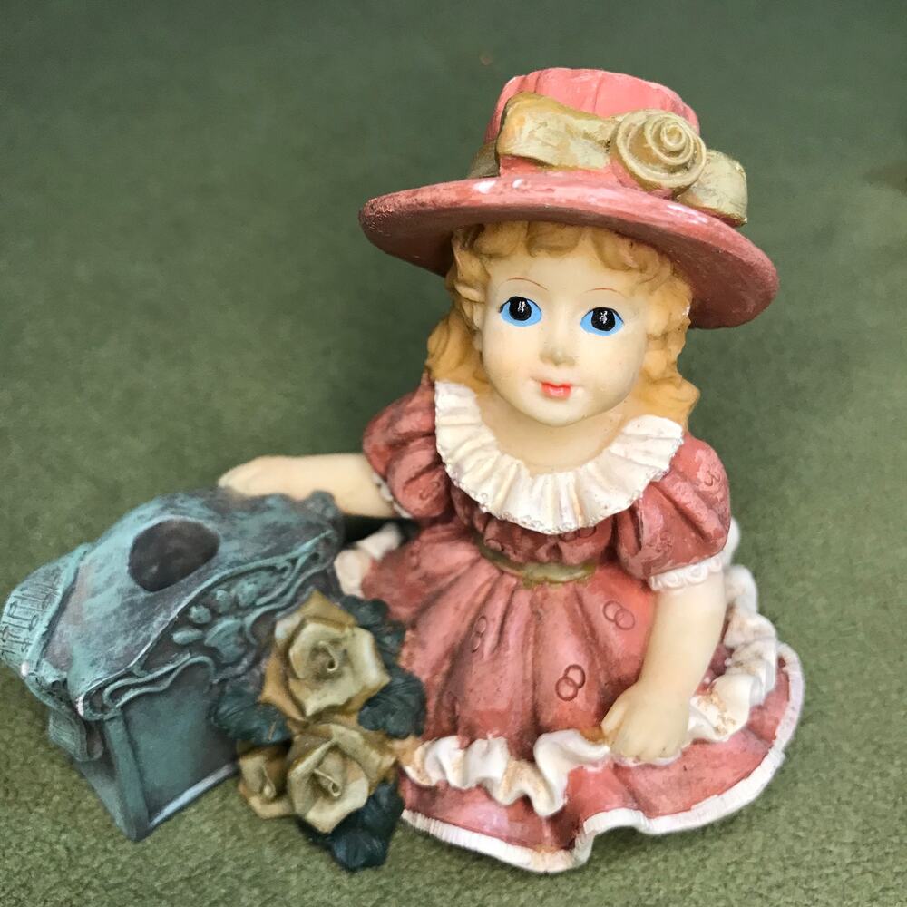 Little Girl Blonde Hair Pink Dress and Hat Roses Figurine